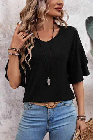 Ruffle Sleeve V-Neck T-Shirt