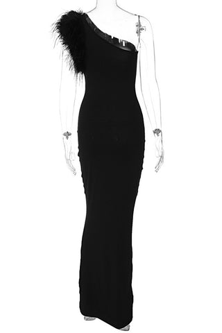 One-Shoulder Evening Dress with Feather Detail