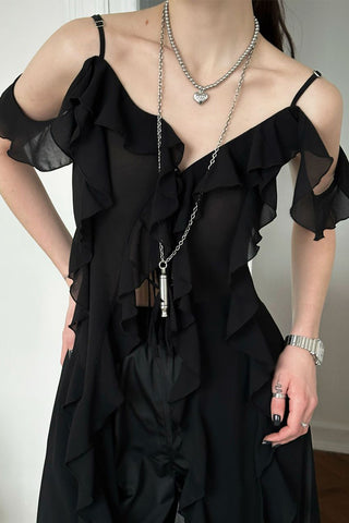Ruffled Cold-Shoulder Midi Dress