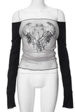 Off-Shoulder Graphic Mesh Top