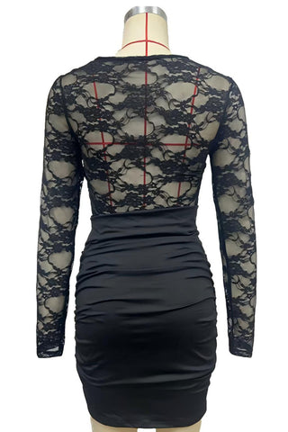 Solid Lace Panel Long Sleeve Bodycon Dress
