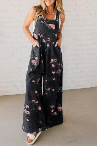 Floral Denim Wide-Leg Jumpsuit