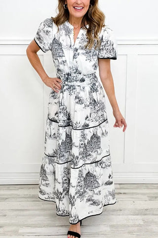 Vintage Toile Print Maxi Dress