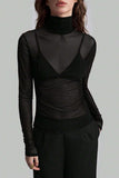 Sheer Turtleneck Long Sleeve Blouse