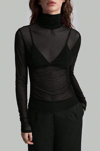 Sheer Turtleneck Long Sleeve Blouse