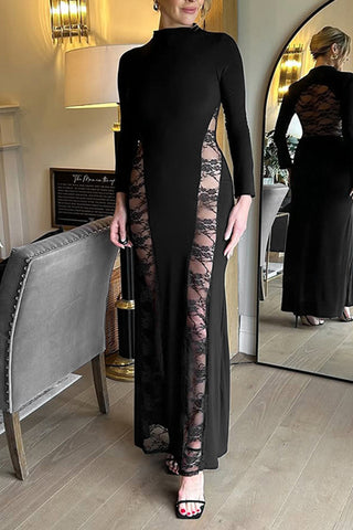 Long Sleeve Lace Panel Maxi Dress