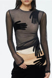 Sheer Mesh Top with Glove Print