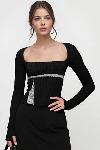 Ribbed Long-Sleeve Blouse with Lace Detail