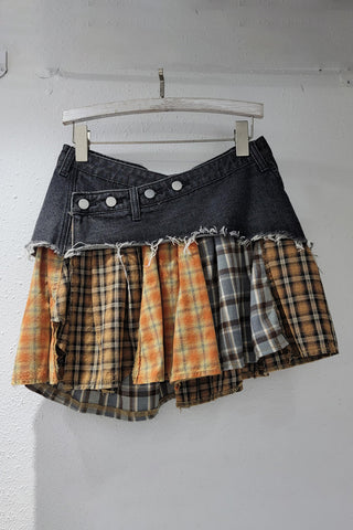Denim and Plaid Layered Mini Skirt