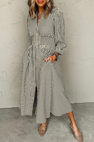 Stripe V Neck Zip Front Midi Dress