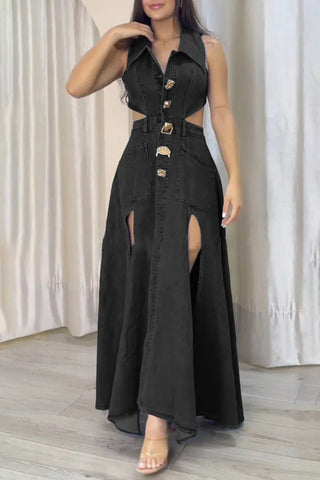 Cutout Belted Denim Maxi Dress