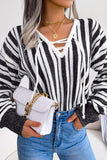 Striped Lace-Up V-Neck Sweater