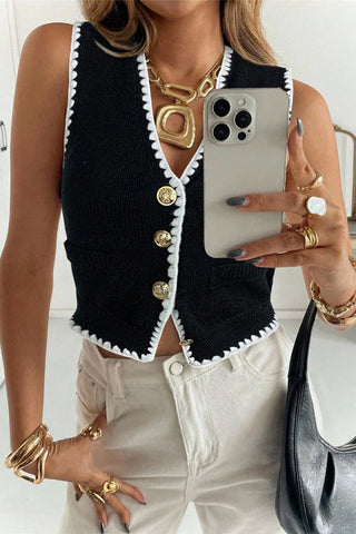 Button-Front Trimmed Knit Vest