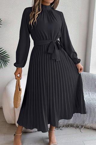 Pleated Midi Dress with Belt