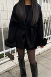 Belted Wrap Jacket with Fur Cuffs