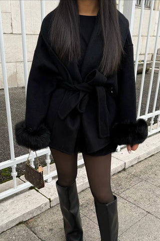 Belted Wrap Jacket with Fur Cuffs