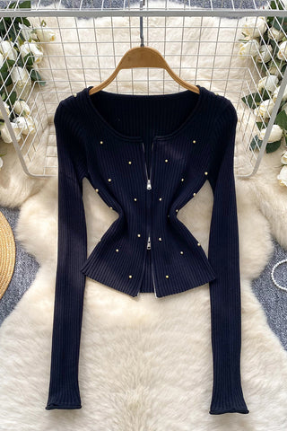 Zip-Front Long Sleeve Top with Studs