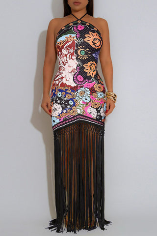 Floral Halter Fringe Casual Dress