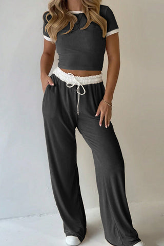 Ribbed Contrast Trim Pants Set