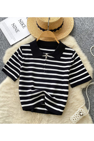 Striped Polo T-Shirt with Zip Detail