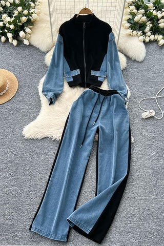 Contrast Zip-Up Pants Set