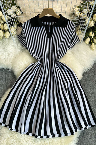 Polo Neck Striped Casual Mini Dress