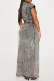 V-Neck Button Denim Maxi Dress