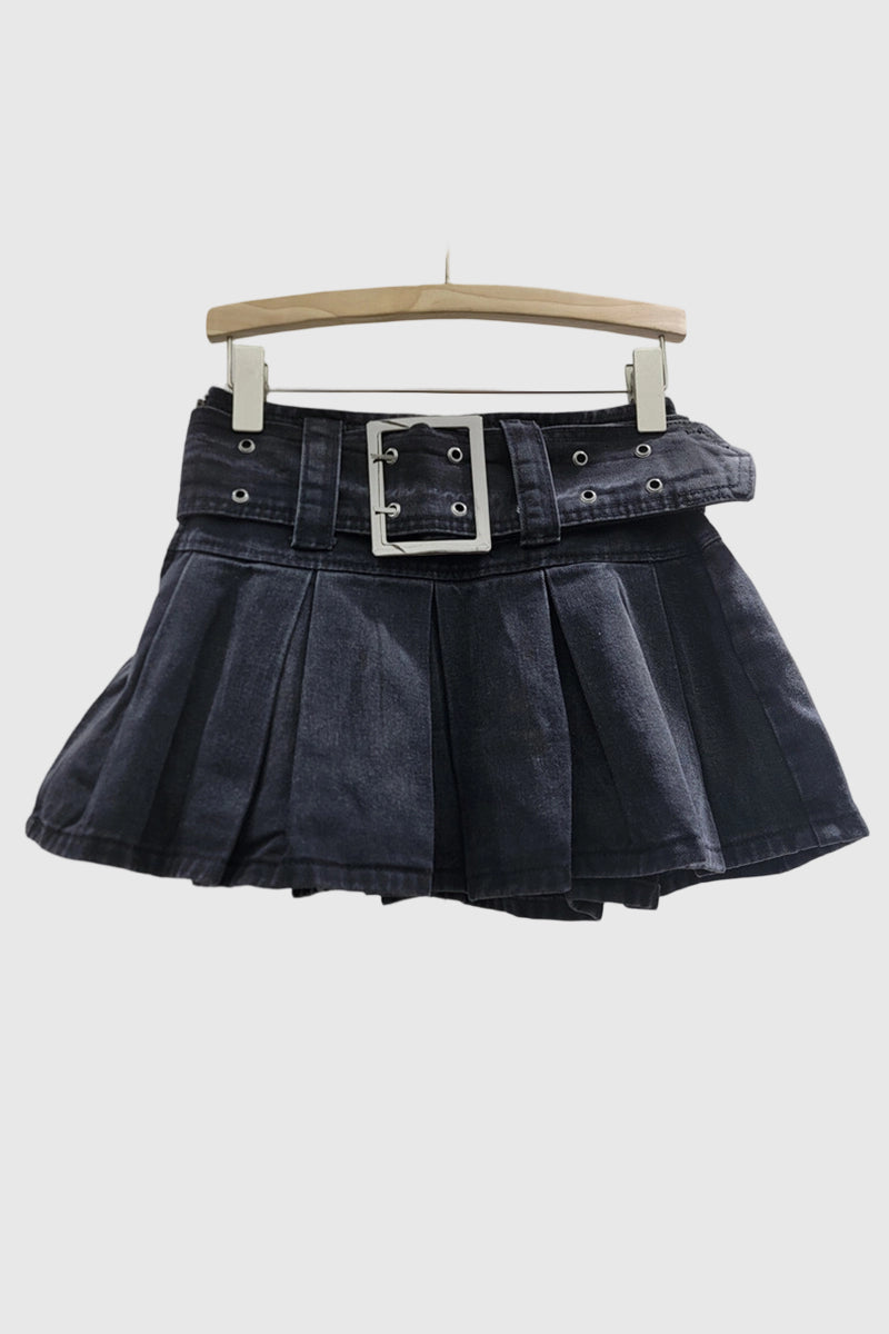 Pleated Denim Skirt with Belt