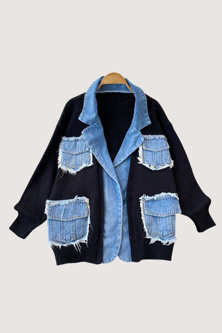 Distressed Pocket Cardigan with Denim Trim