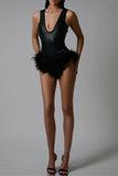 Feather-Embellished Plunge Romper