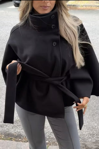 Belted Funnel Neck Cape Jacket