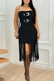 Belted Fringe Strapless Casual Dress