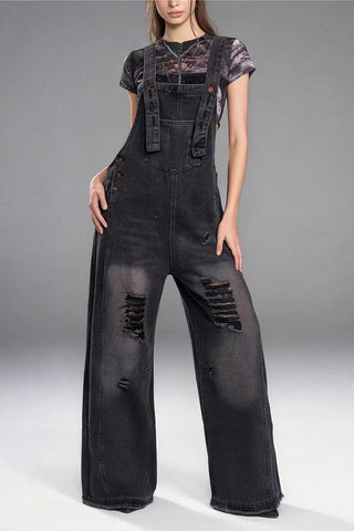 Distressed Denim Jumpsuit with Straps