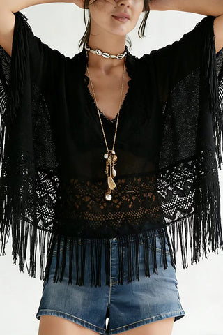 Fringe-Trim Floral Blouse