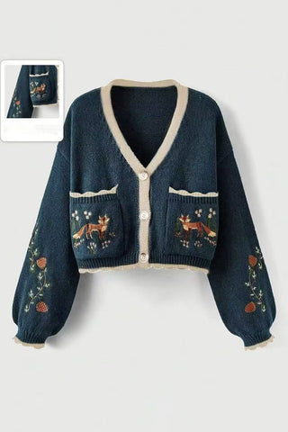 Fox Motif Cropped Cardigan