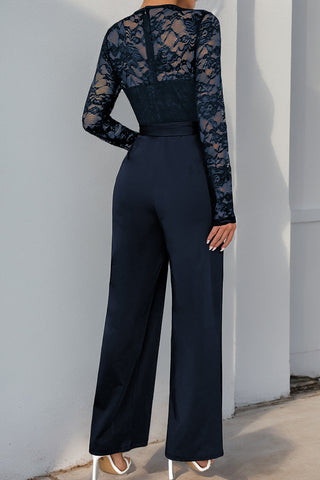 Lace Long-Sleeve Belted Jumpsuit