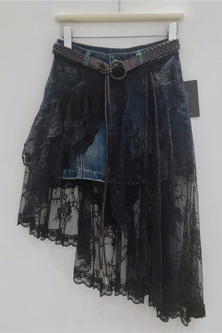 Asymmetric Denim and Lace Skirt