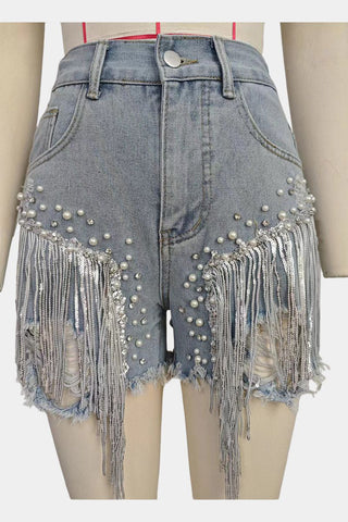 Embellished Fringe Denim Shorts