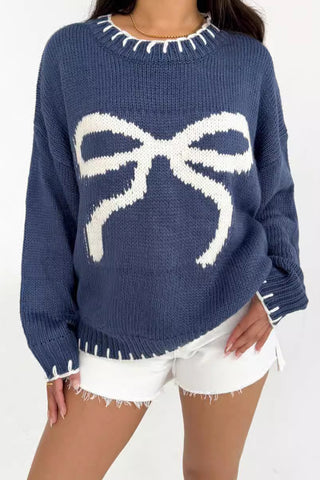 Bow Accent Sweater with Ribbed Trim