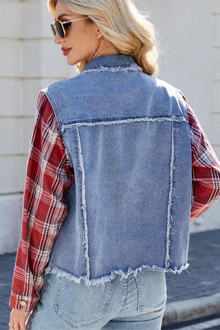 Button-Front Plaid Sleeve Denim Jacket