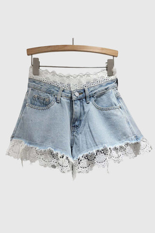 Lace-Accent Denim Shorts