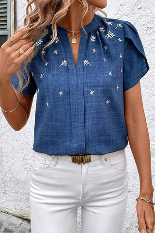 Patterned Pleated Short Sleeve Top