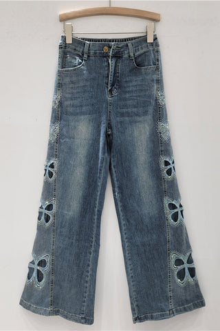 Patterned Wide-Leg Denim Jeans