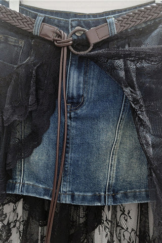 Asymmetric Denim and Lace Skirt