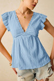 Lace Trim Ruffle Sleeve V-Neck Top