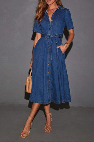 Belted Button-Front Denim Dress