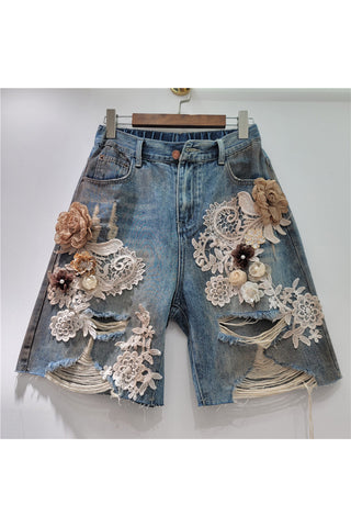 Floral Lace Embellished Denim Shorts