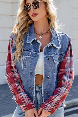 Button-Front Plaid Sleeve Denim Jacket