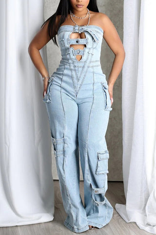 Strapless Cutout Denim Jumpsuit