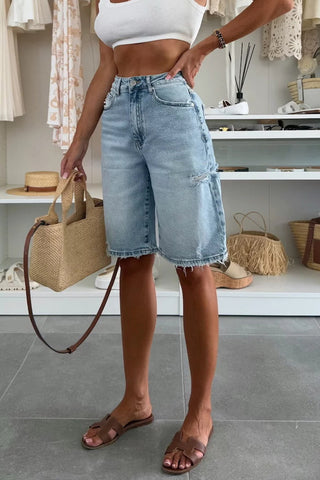 Distressed High-Waist Casual Shorts